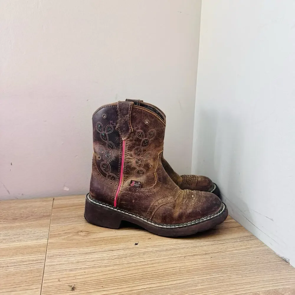 Justin Glitzi Light Up Round Toe Brown Leather Western Boots Girls Size 1